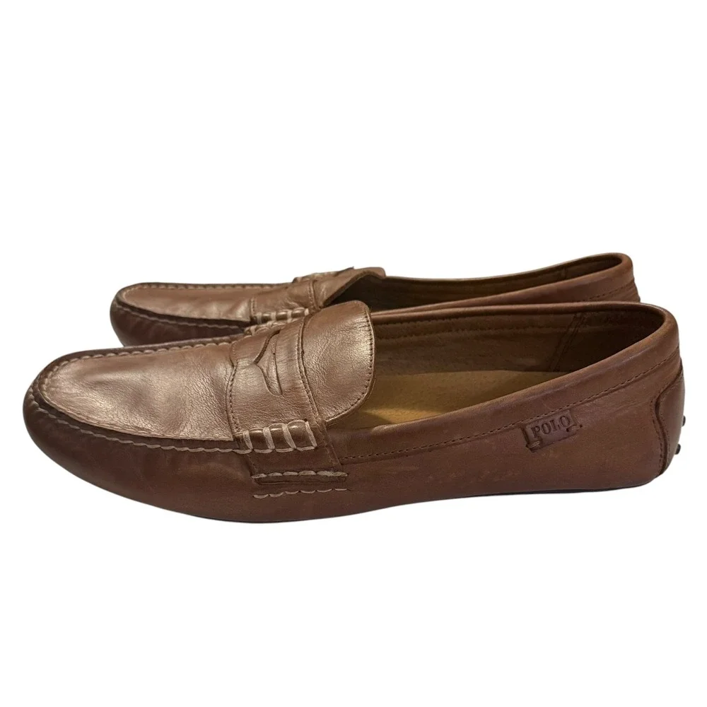 Polo Ralph Lauren Wes Tan Leather Penny Driving Loafers Mens Shoes Size 11D